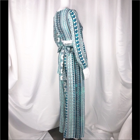 Zhu Ulma Minty Green Geo Paisley Print Crop Top Pant Set SzXS Wide Leg Side Wrap - Picture 8 of 16